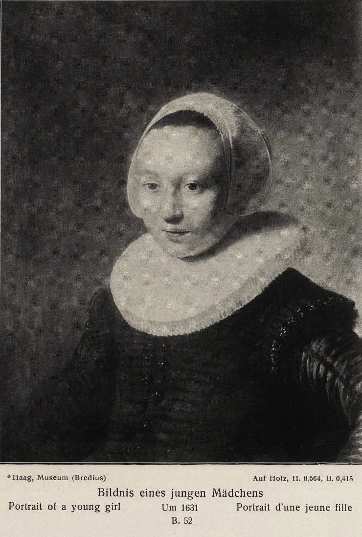 The 1908 plate itself, from Rosenberg and Valentiner, Rembrandt: des Meisters Gemaelde in 643 Abbildungen, Stuttgart. The printed caption below the image reads Haag, Museum (Bredius), Auf Holz, H. 0,564, B. 0,415, Bildnis eines jungen Maedchens, Um 1631. The width of 0.415 m is the figure that has propagated.