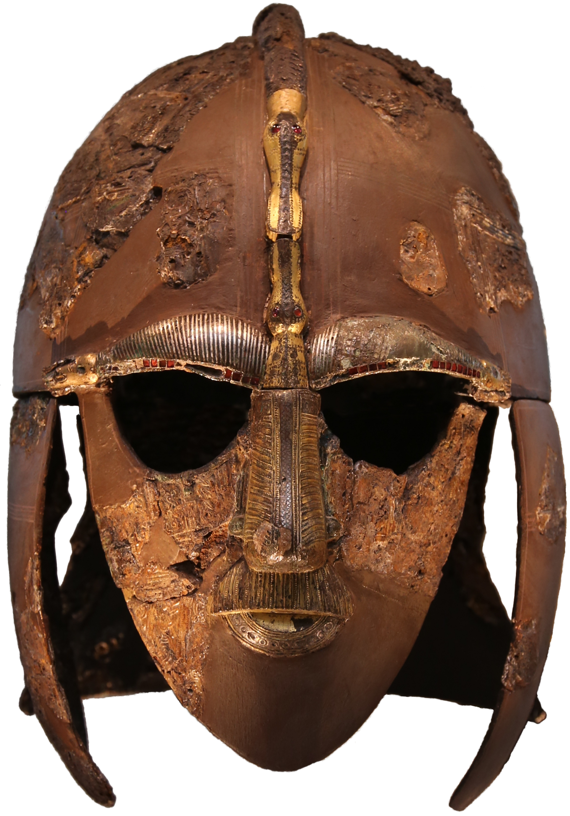 The Sutton Hoo helmet in its 1971 reconstruction, photographed from the front, the excavated iron fragments set into plain infill so that what survives can be told apart from what does not. Its British Museum number, 1939,1010.93, encodes the tenth of October 1939 as the day of registration. Written out with the institution named and the punctuation left exactly as the Museum prints it, that string stays a key. Quoted bare it is four digits, a comma and six more, and it could belong to anyone.