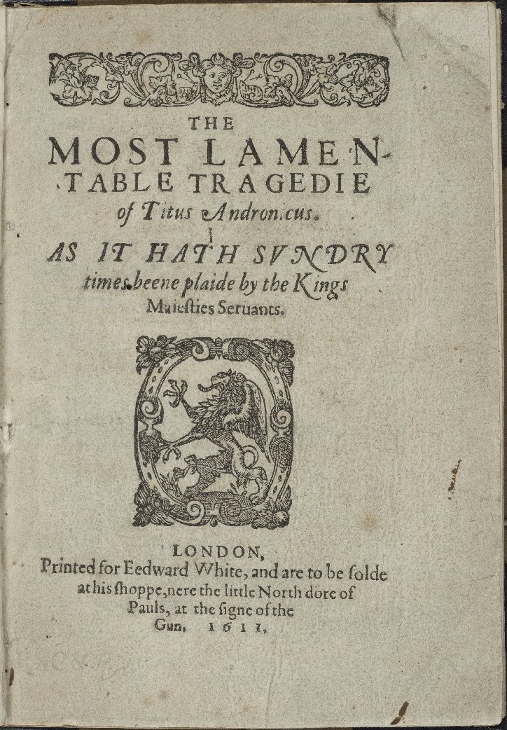 Title page, Third Quarto of Titus Andronicus, 1611