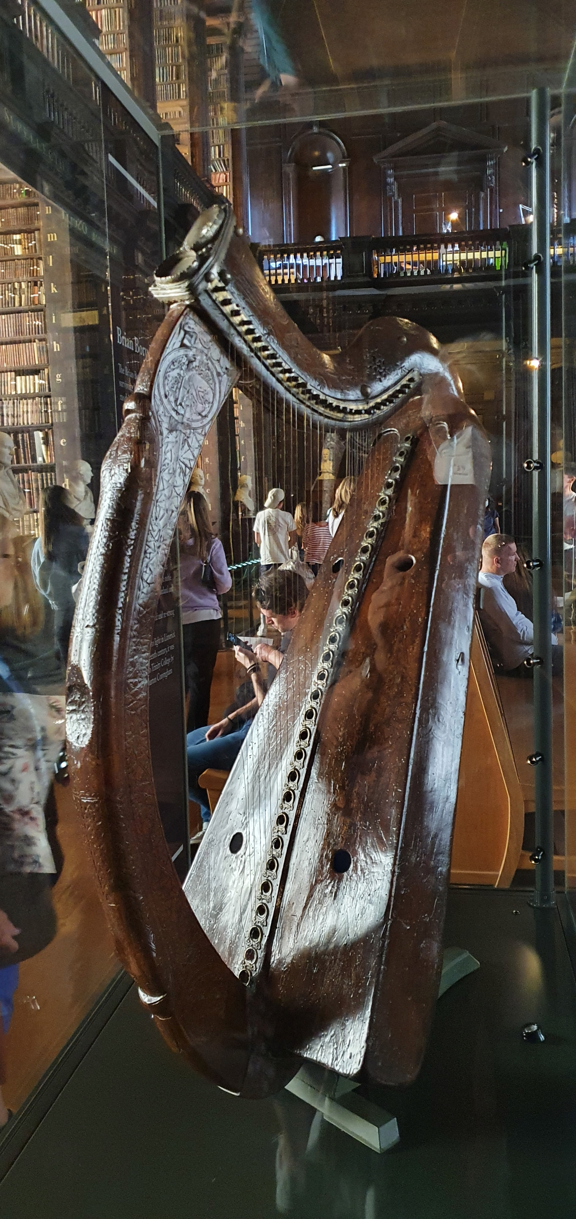 The harp's display case within the Long Room