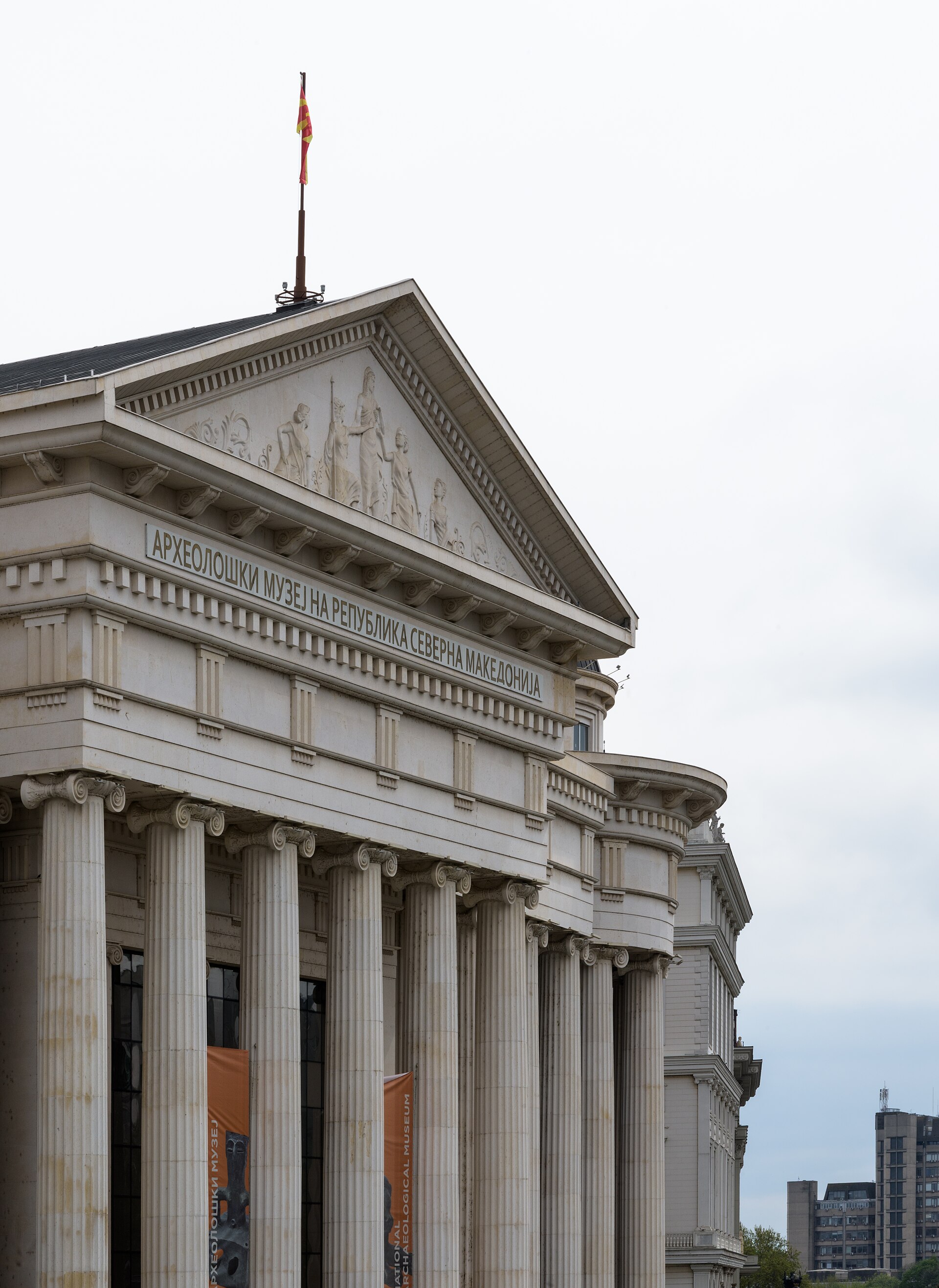 Angled view of the museum's temple front