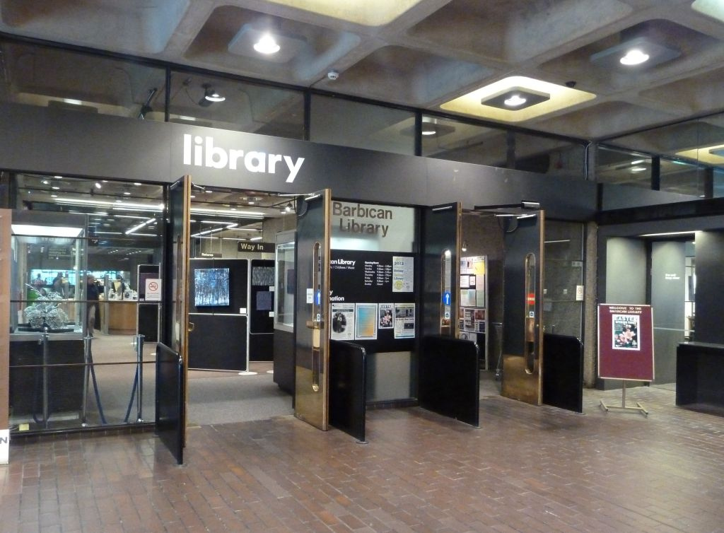 The entrance to Barbican Library, with doors open onto the foyer