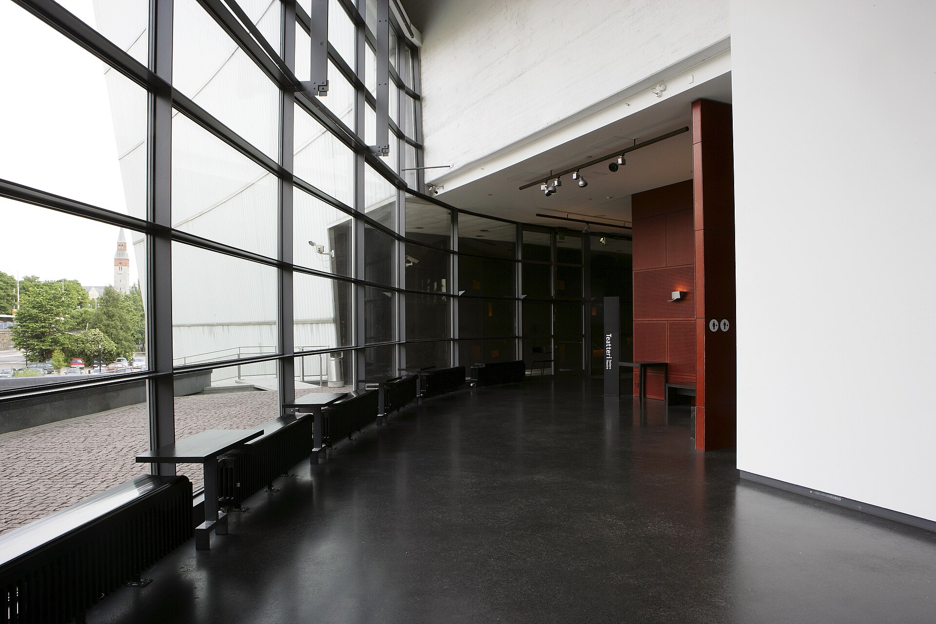 A window-lit corner of the Kiasma Theatre foyer on the ground floor
