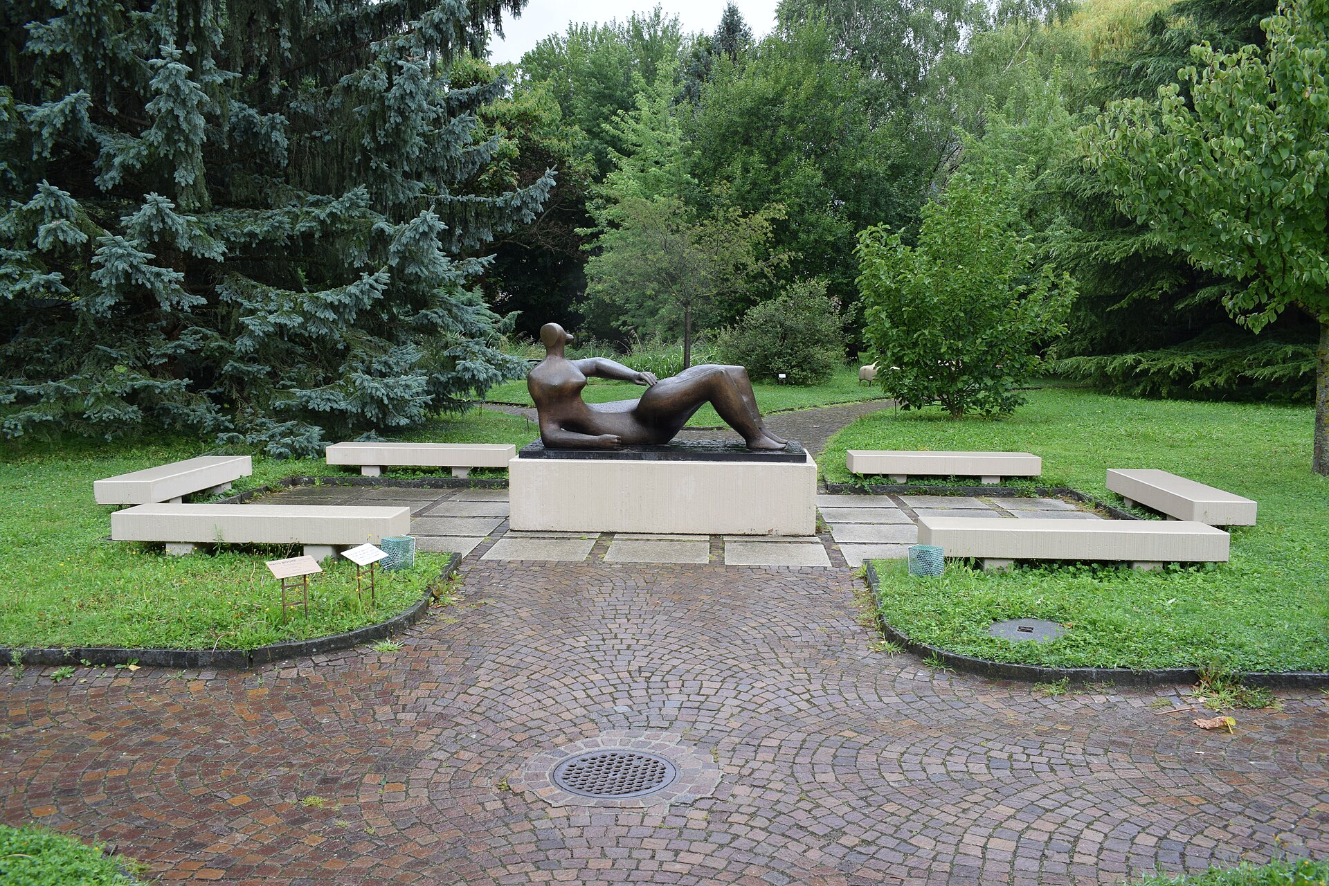 A view across the sculpture park at the Fondation Pierre Gianadda, with works from the permanent collection set among trees and lawns