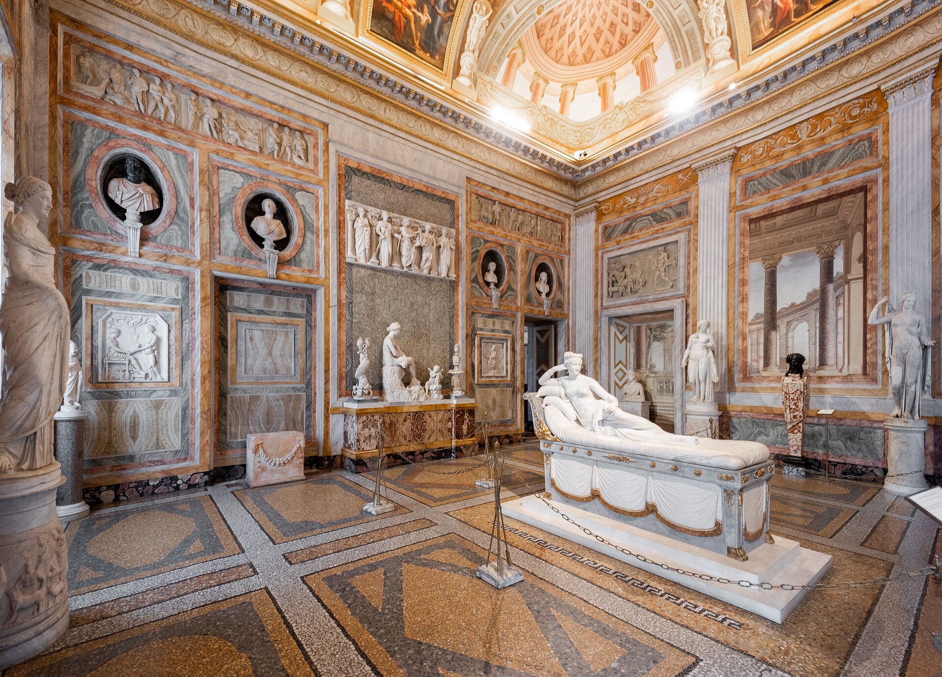 Canova's reclining marble of Paolina Borghese Bonaparte as Venus Victrix, in the frescoed Paolina Room