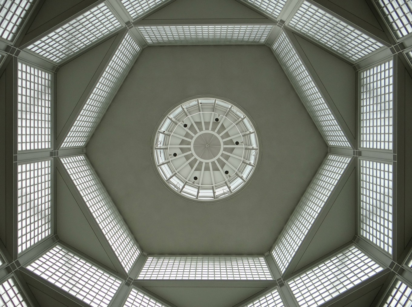 The glazed dome over the entrance hall, seen from directly below