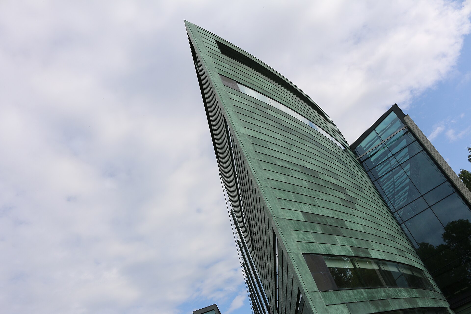 The copper-clad tower of Kumu seen from below