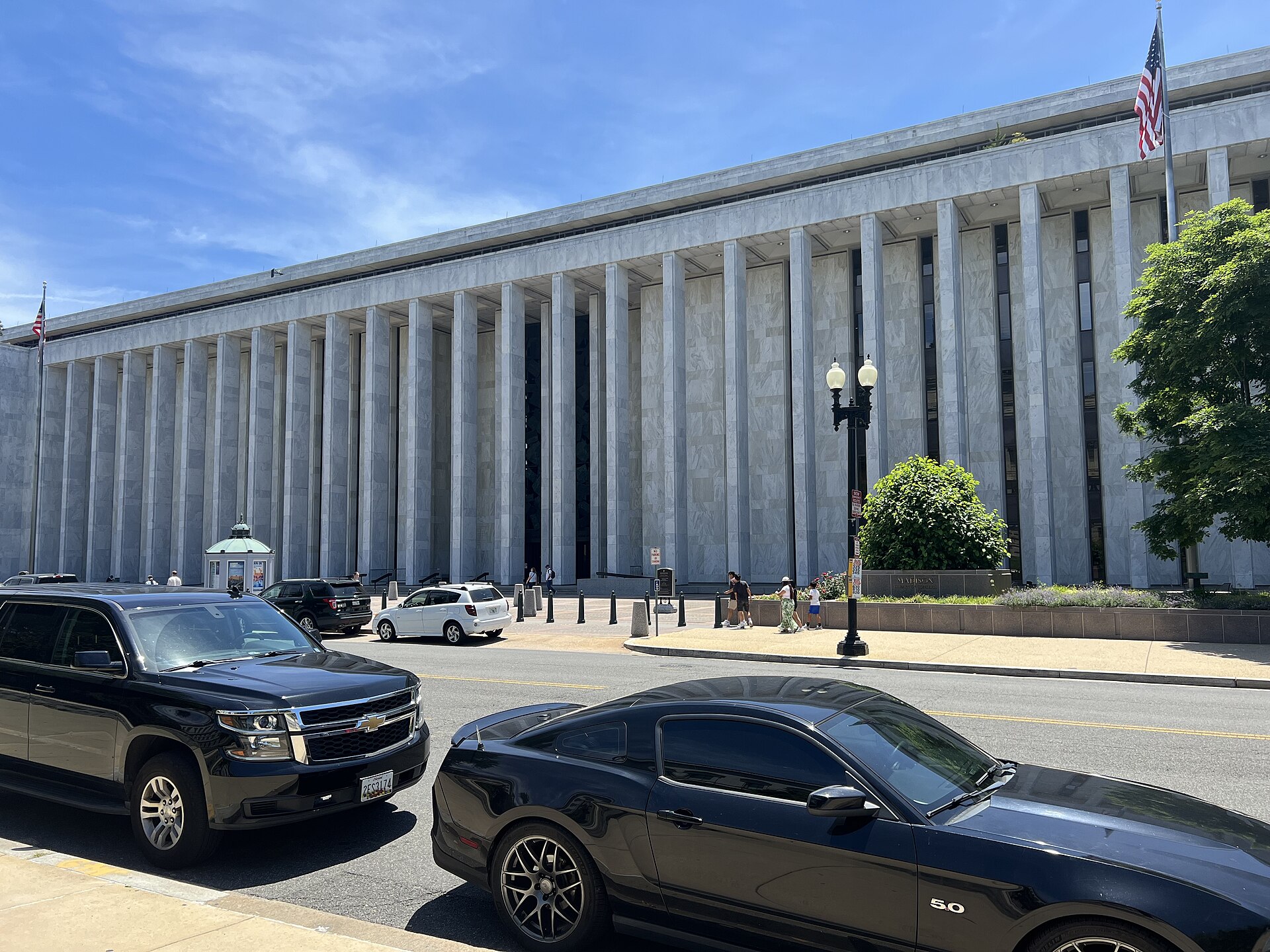 The vertical marble piers of the James Madison Memorial Building's facade