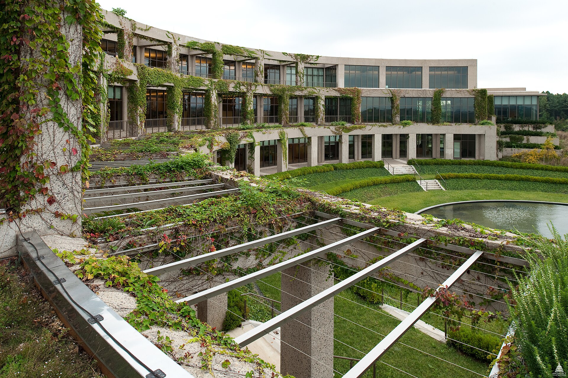 The green roof and courtyard of the Packard Campus, built into the hillside at Mount Pony