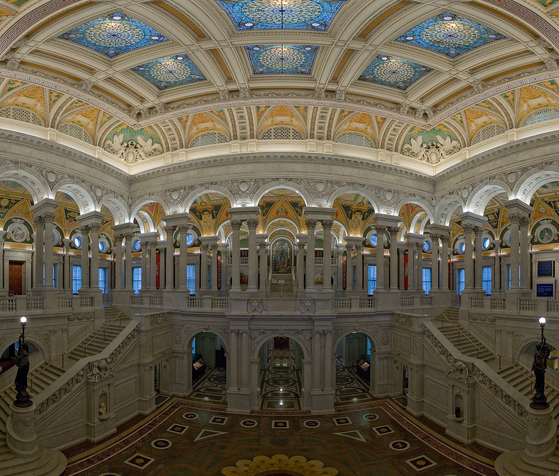 The Great Hall of the Thomas Jefferson Building, its two tiers of marble arcades and painted ceiling