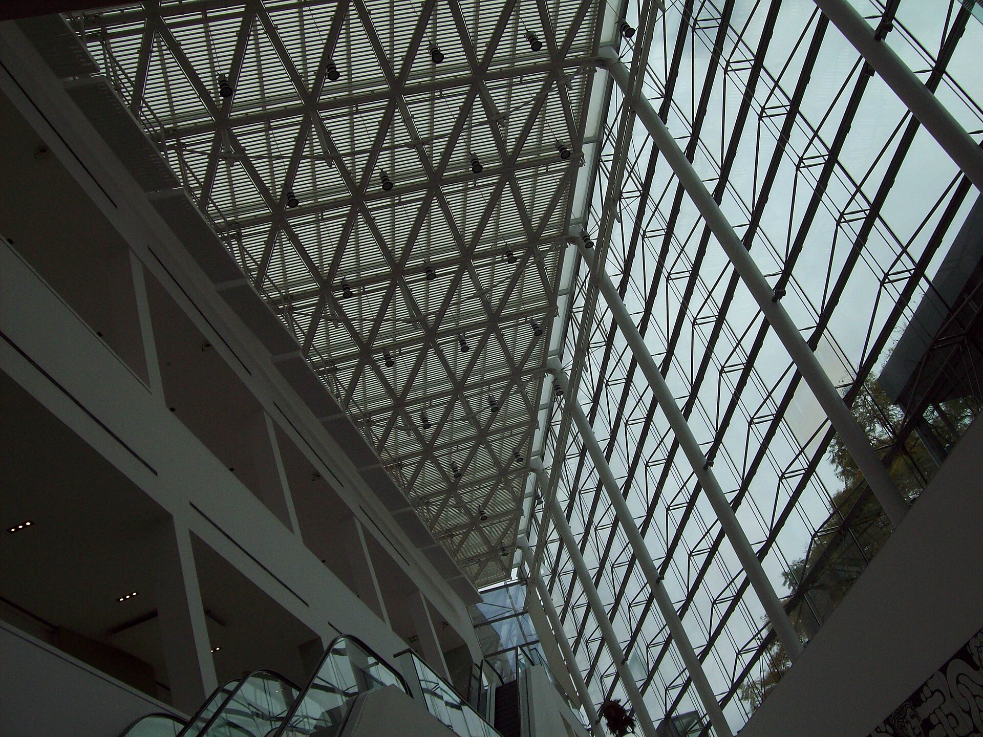 The upper roof structure above the staircase at MALBA, seen from below