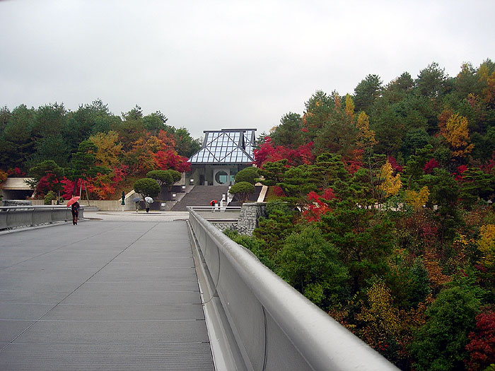 Miho Museum entrance hall seen from the approach bridge