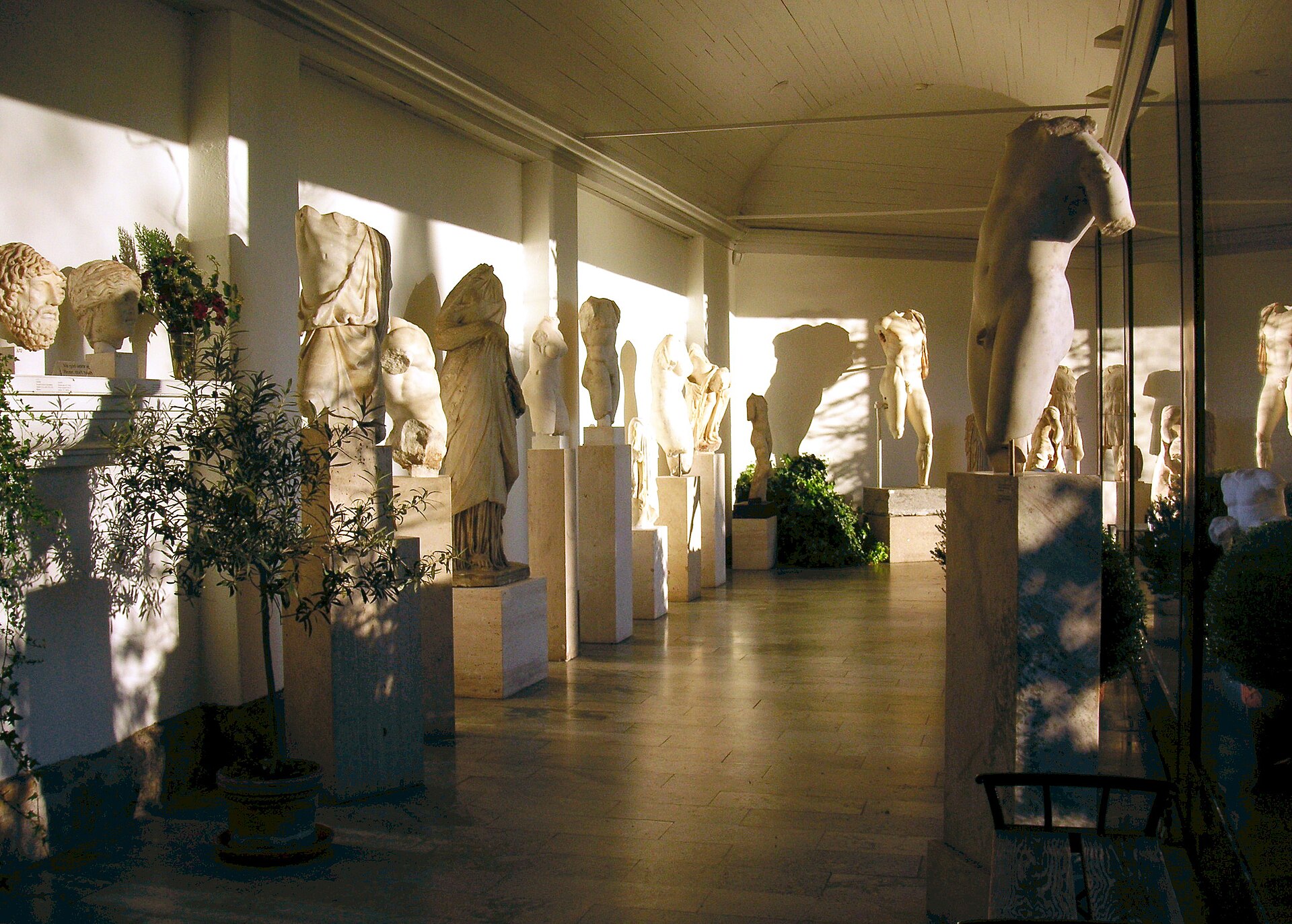 A row of ancient Greek and Roman marble heads and torsos on plinths in a colonnaded gallery
