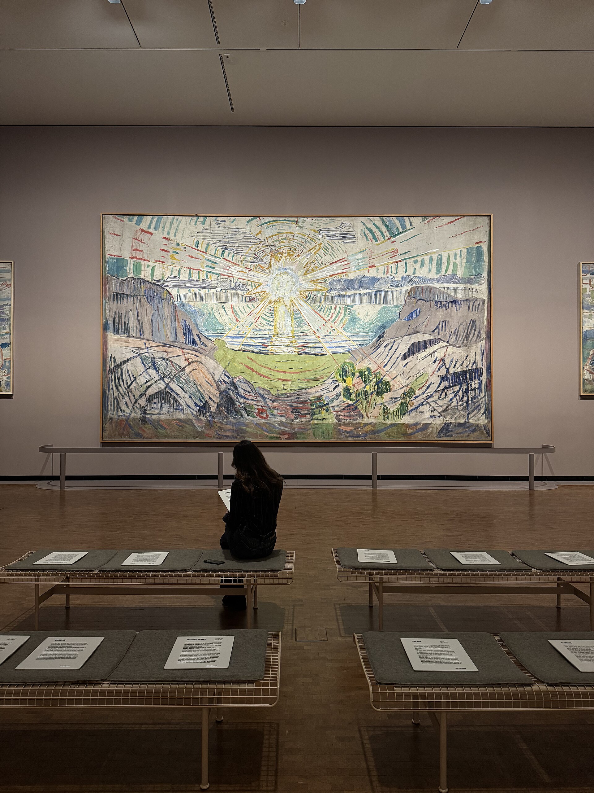 Munch's large sun-motif painting hanging in the double-height Monumental gallery on floor 6 of the MUNCH museum
