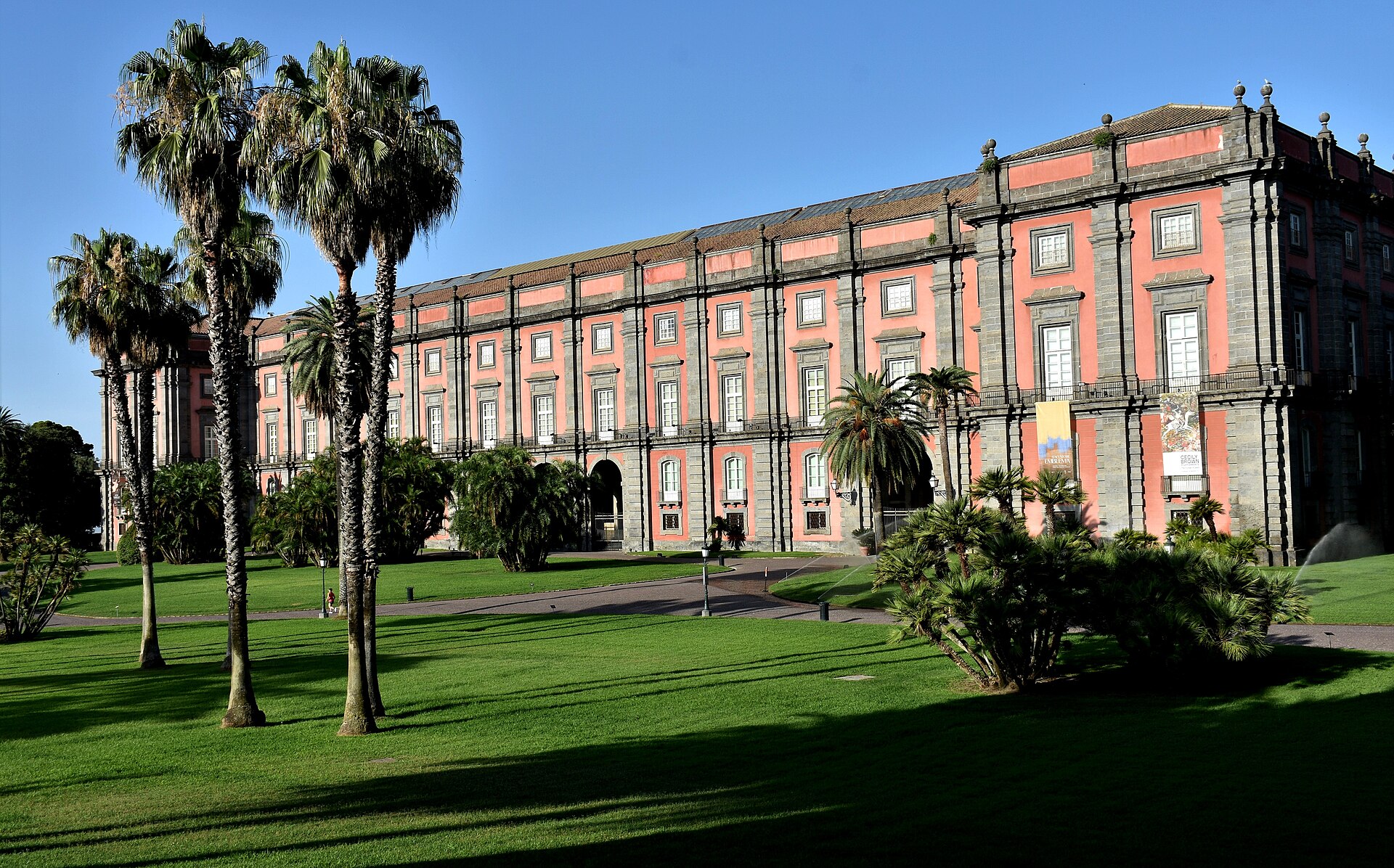 The palace seen from within its surrounding royal park, the Real Bosco di Capodimonte