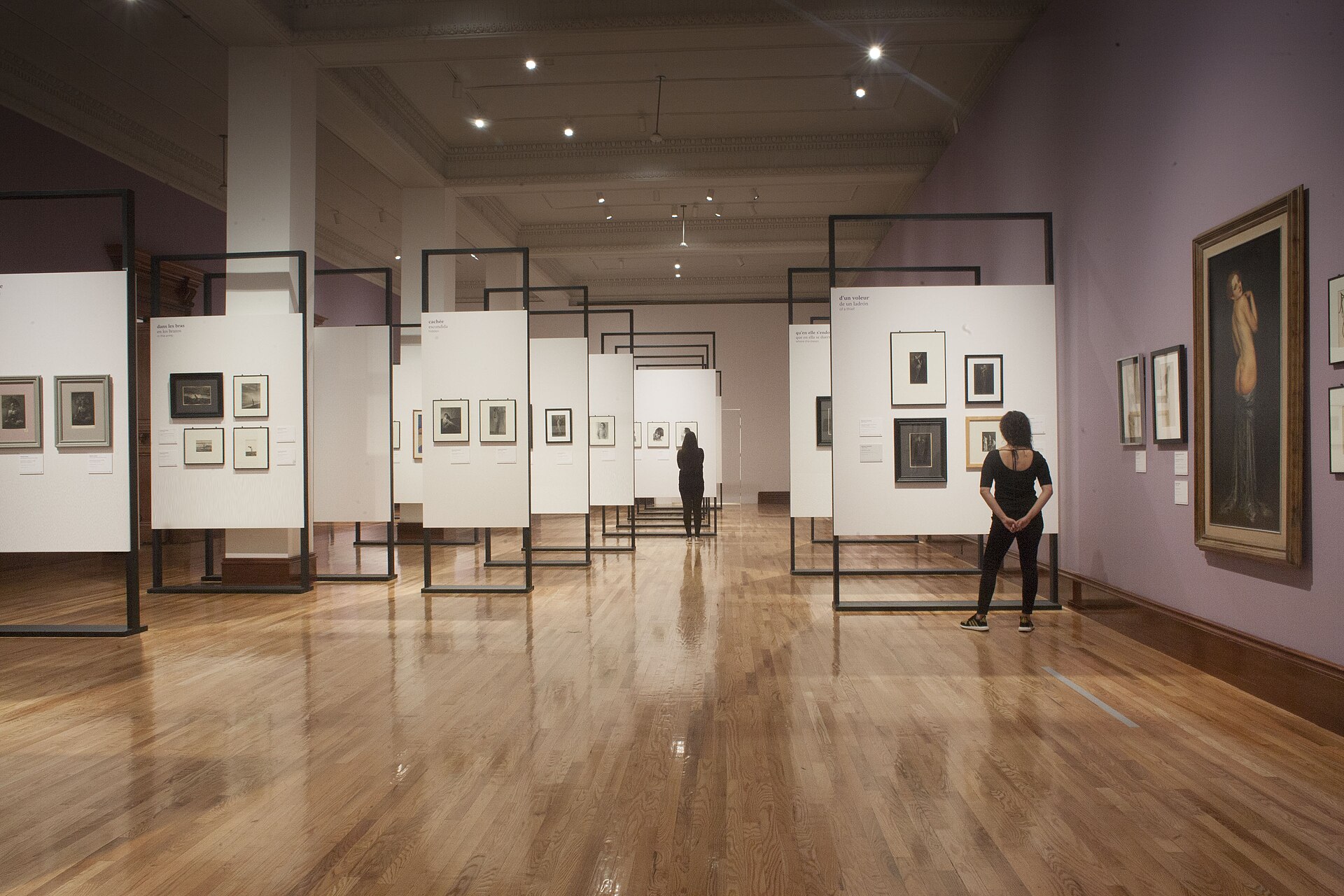 A temporary exhibition of prints and photographs displayed on freestanding panels