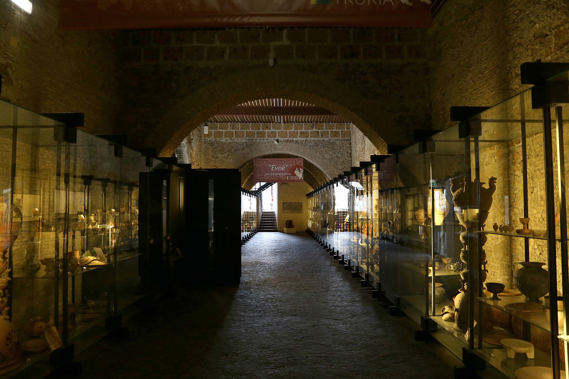 A second vaulted display gallery inside the museum, lined with glass cases of Etruscan and imported Greek pottery
