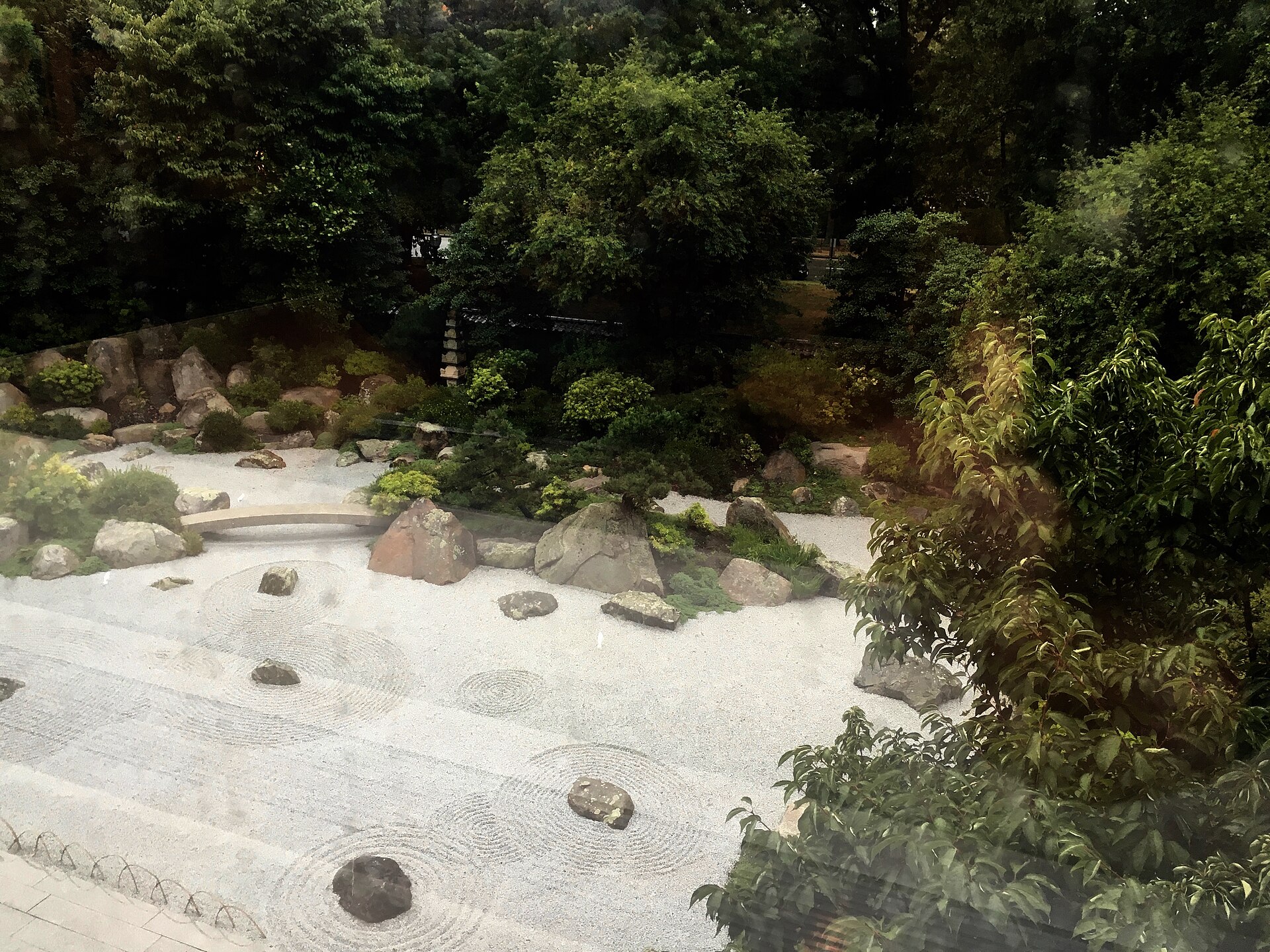 The raked gravel and standing stones of Tenshin-en, the museum's Japanese garden