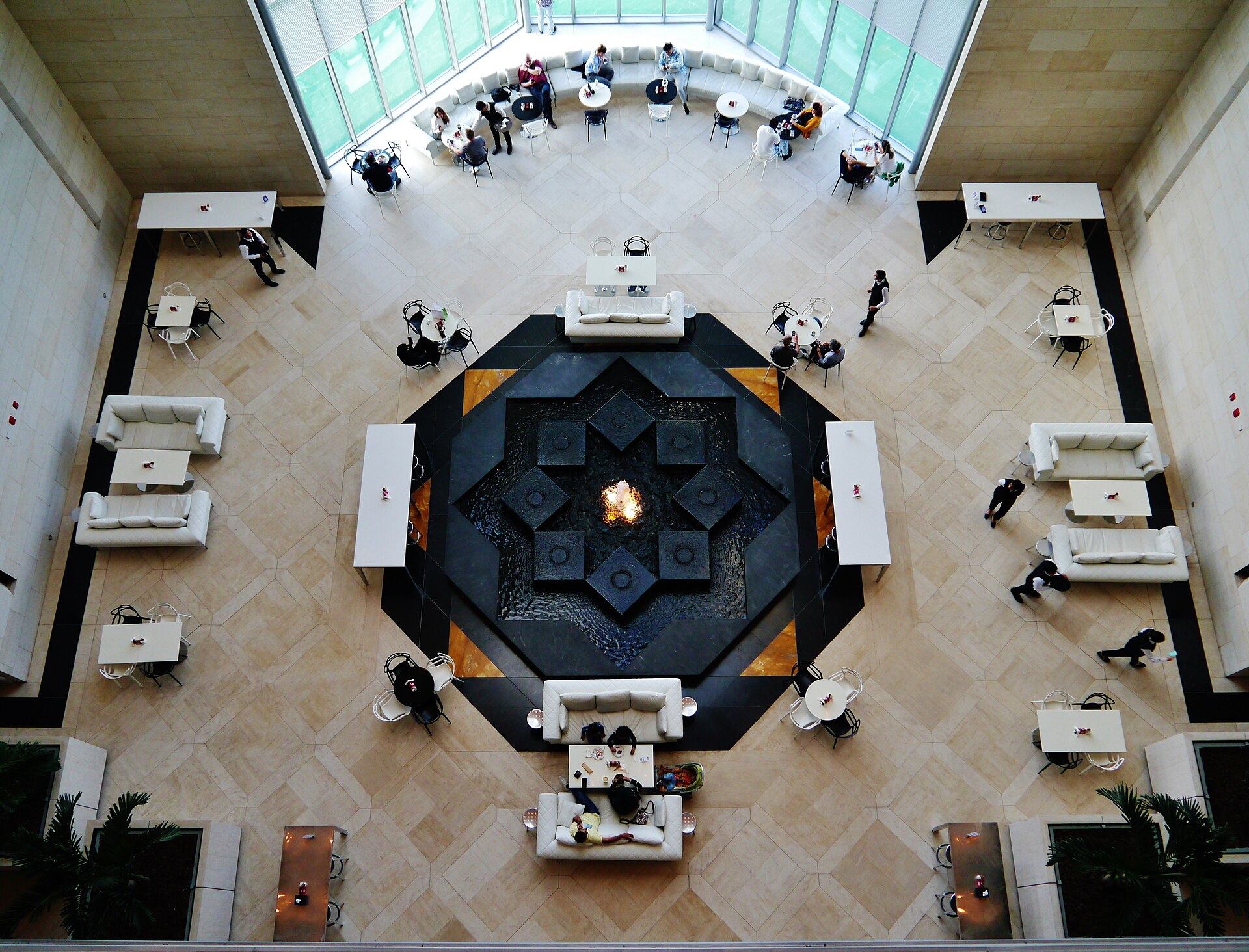 The atrium fountain and lounge, from above