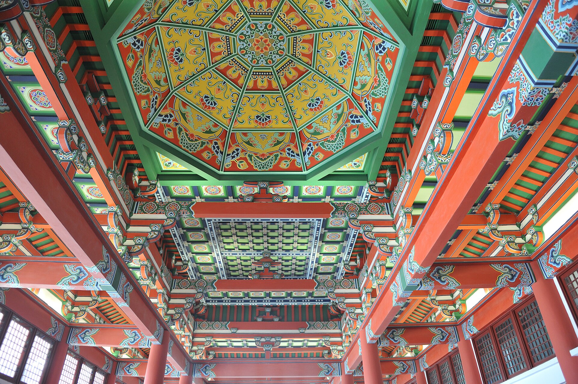 The coffered ceiling of the museum's original main hall, photographed from inside looking up