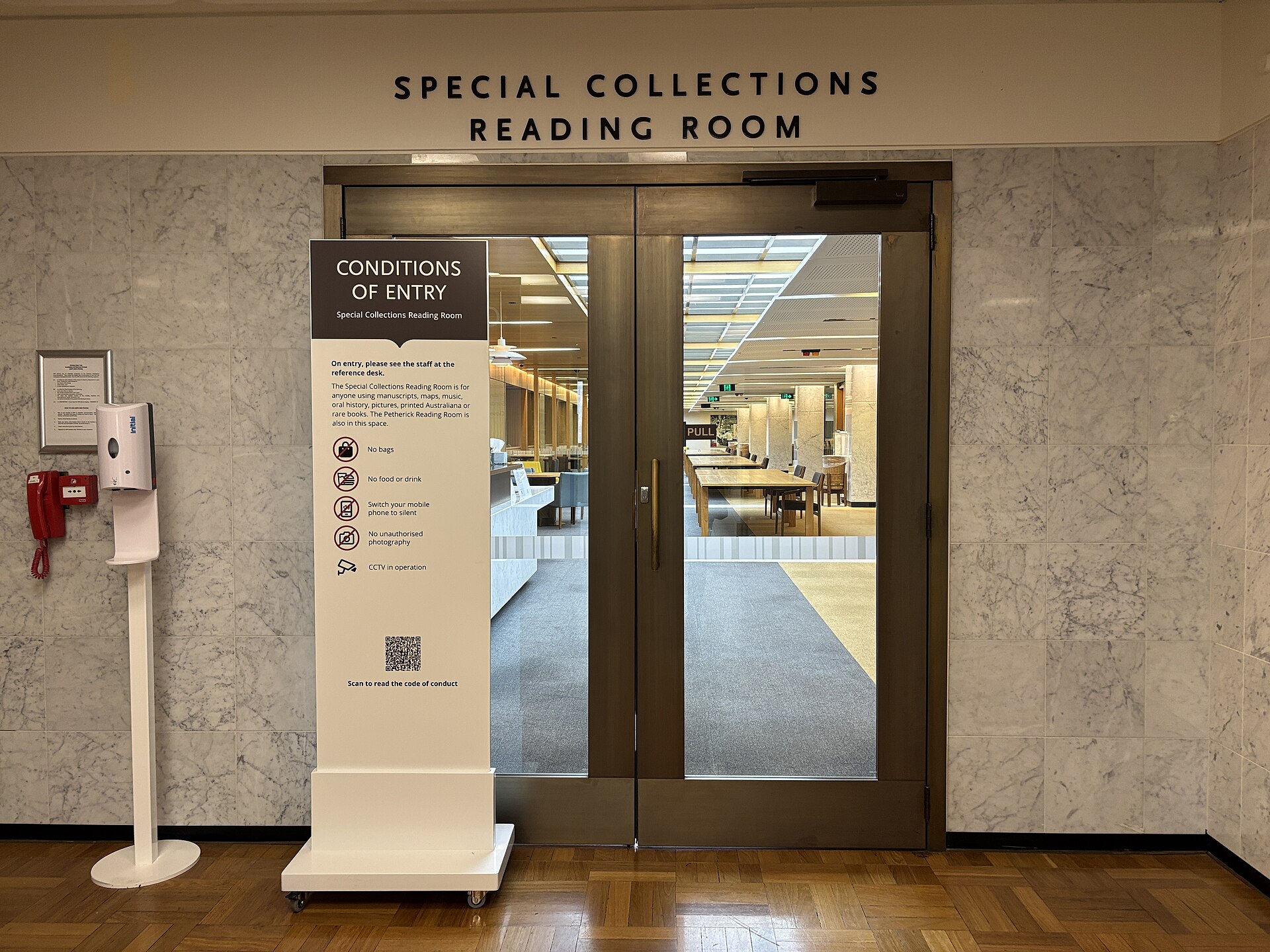 The entrance to the Special Collections Reading Room at the National Library of Australia