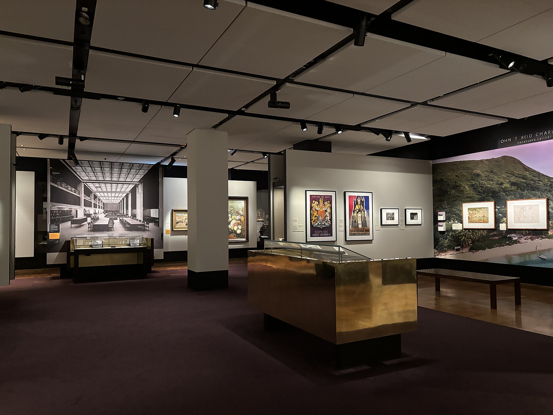 Display cases in the Treasures Gallery at the National Library of Australia