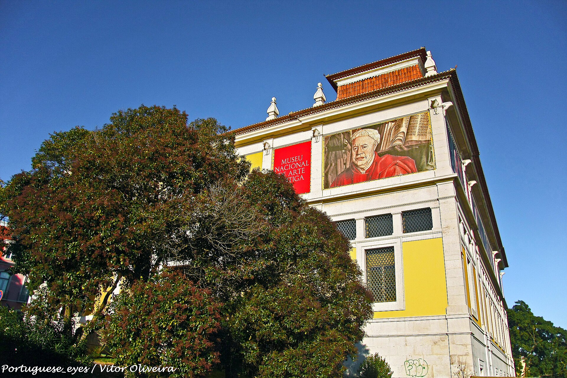 The upper facade, with an exhibition banner