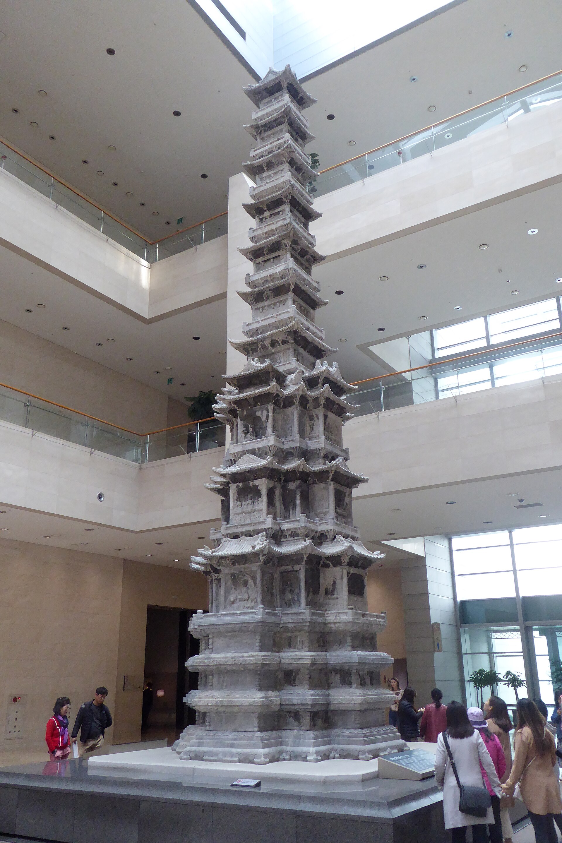 The ten-storey marble pagoda of 1348 from the Gyeongcheonsa temple site, standing indoors at the end of the Path to History