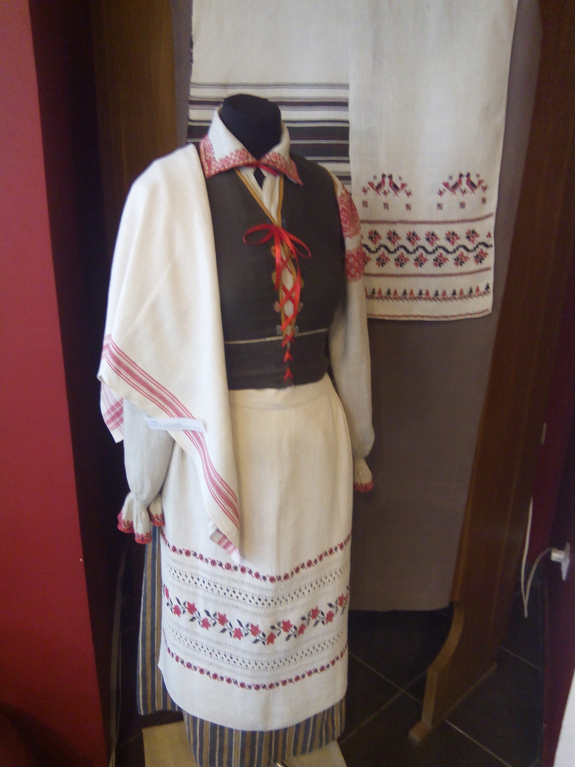 A Hutsul woman's embroidered costume displayed on a mannequin