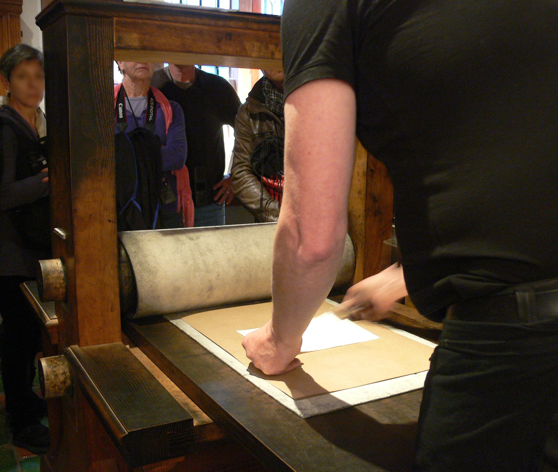 The etching press in the printing studio of the Rembrandt House Museum, used for daily demonstrations