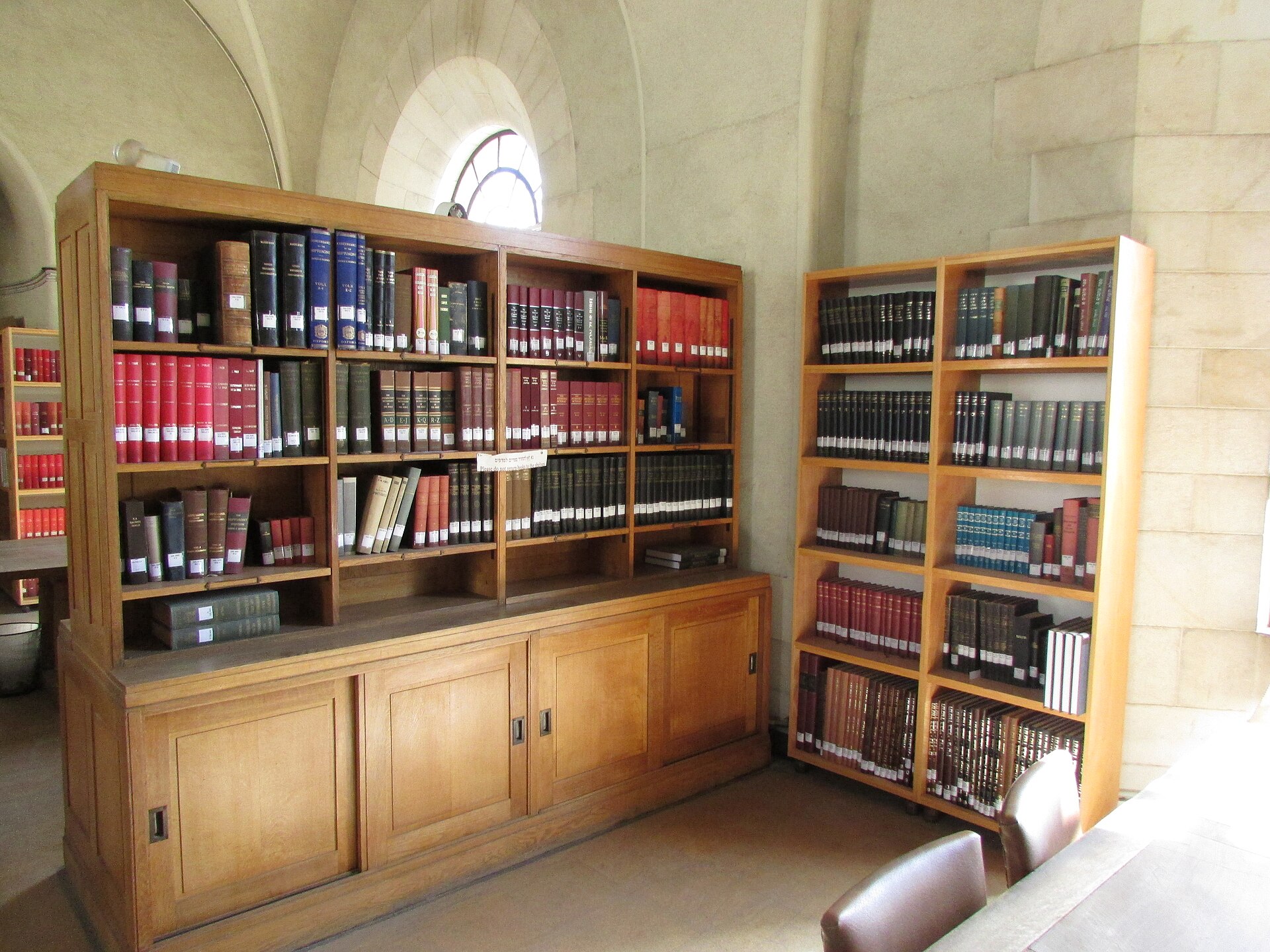 The Rockefeller Museum's library and reading room, lined with leather-bound volumes