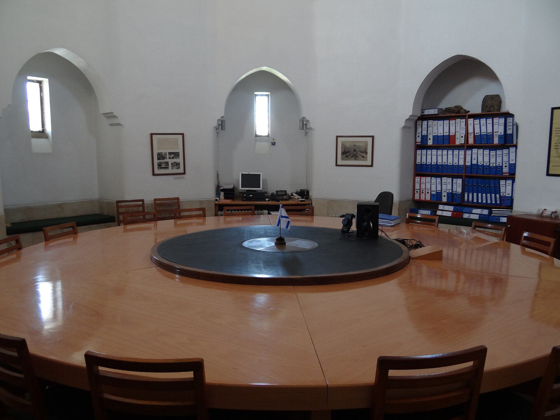 The round conference room inside the Rockefeller Museum, with its carved stone inscription band