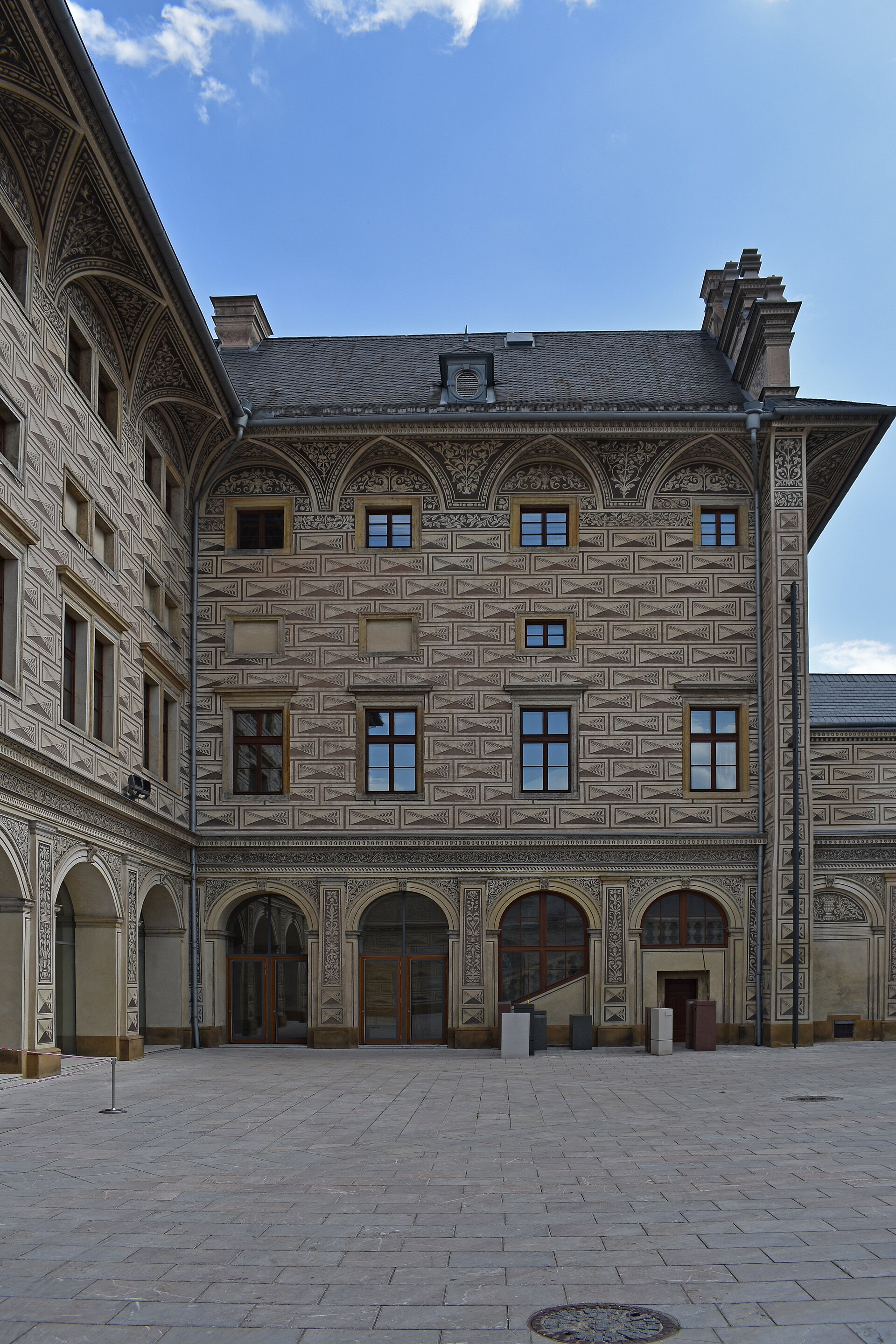 The southeastern corner of the inner courtyard of Schwarzenberg Palace, Prague
