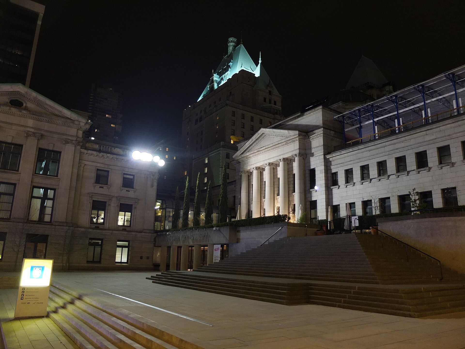 The entrance portico at night