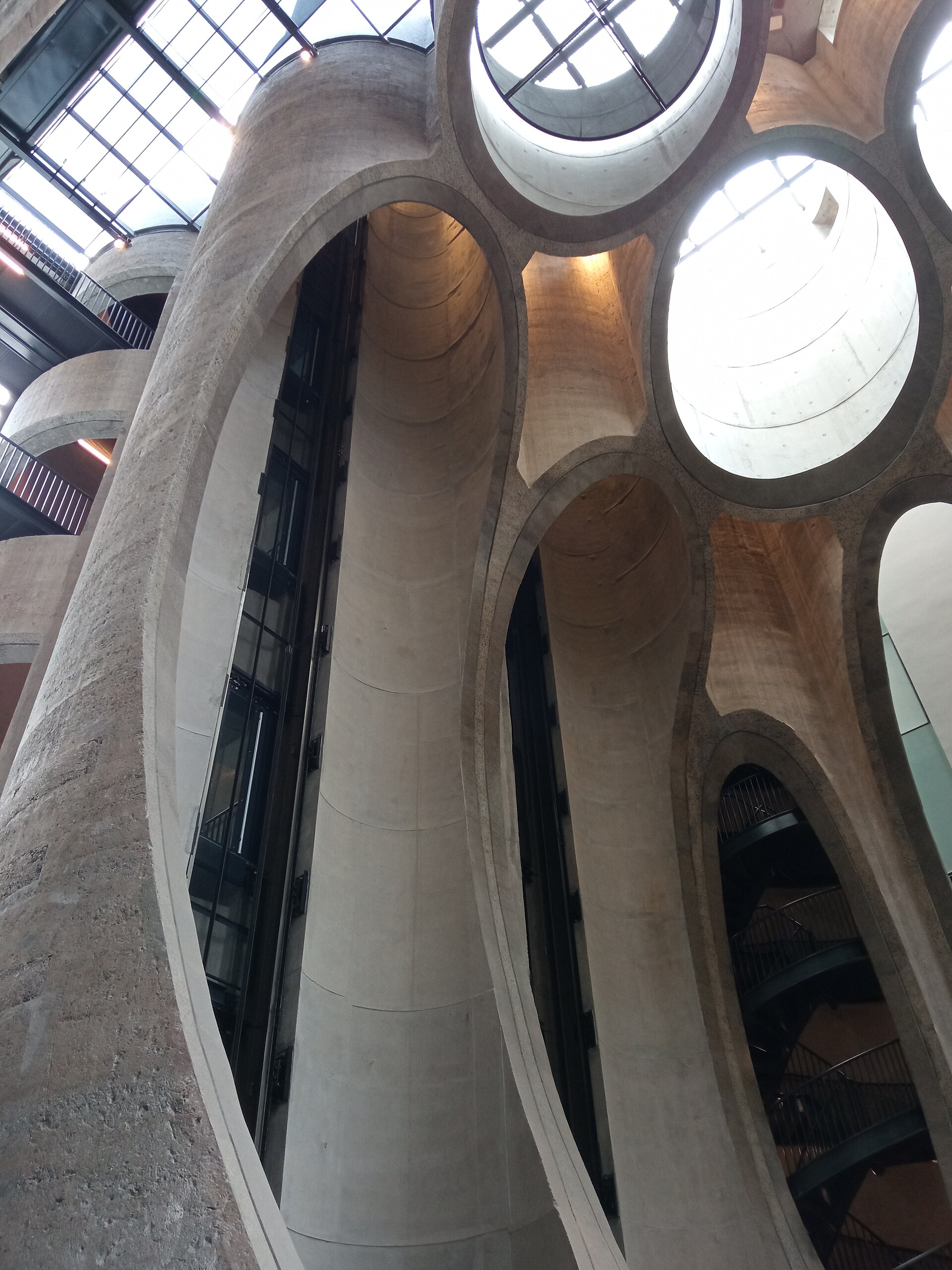 Cross-section view of the cylindrical former grain-storage shafts converted into gallery space