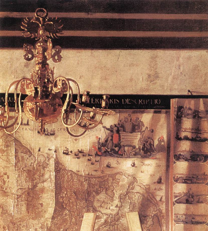 The chandelier and the map's title band, detail