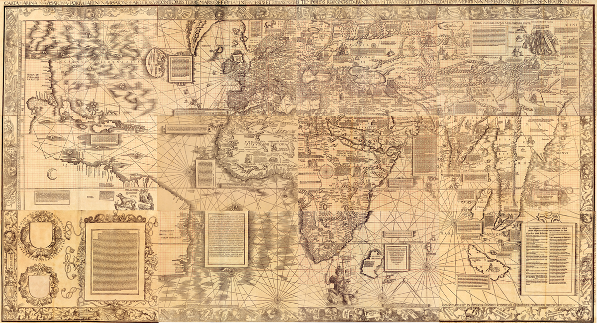 Carta marina navigatoria Portvgallen navigationes, atqve tocius cogniti orbis terre marisqve formam natvram sitvs et terminos nostris temporibvs recognitos et ab antiqvorum traditione differentes, eciam qvor vetvsti non meminervnt avtores, hec generaliter indicat by Martin Waldseemuller