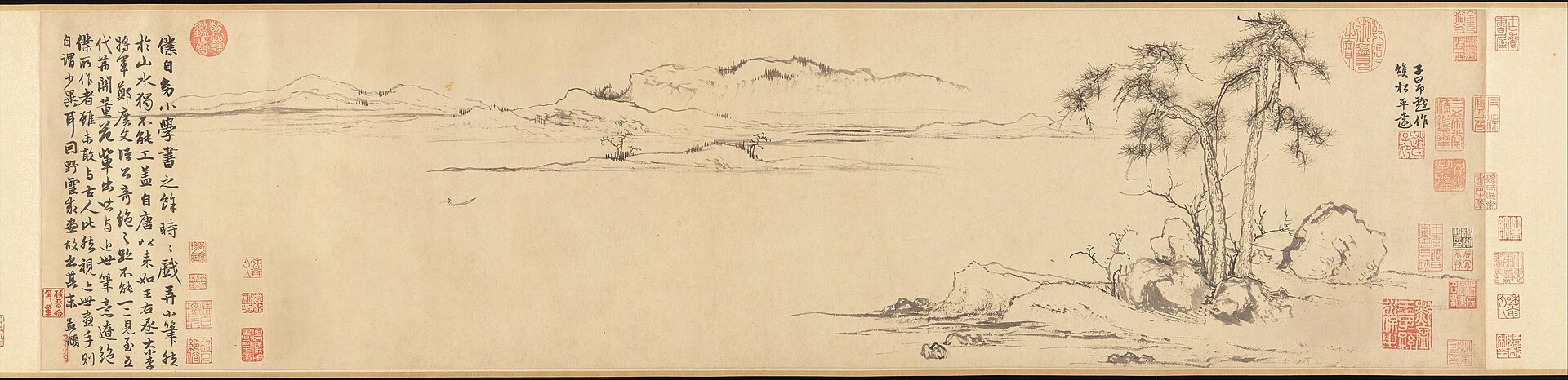 Zhao Mengfu, Twin Pines, Level Distance, handscroll, ink on paper, about 1310, image 26.8 by 107.5 cm. Red seal impressions are visible across the surface at both ends and along the upper and lower edges, with the artist's own inscription at the left.